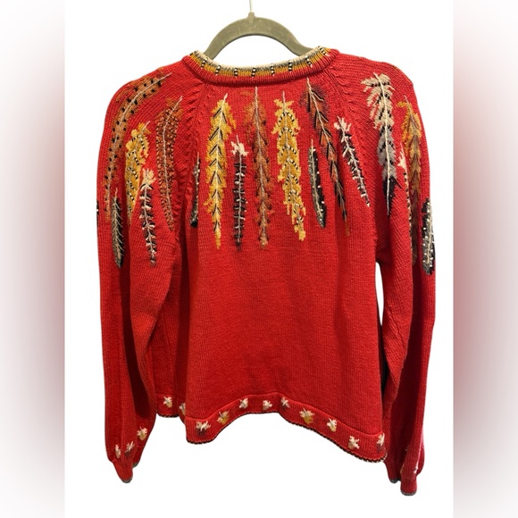 VTG Christine Foley Red Feather Embroidered Knit cotton 90s Button Up Cardigan M - Picture 2 of 6